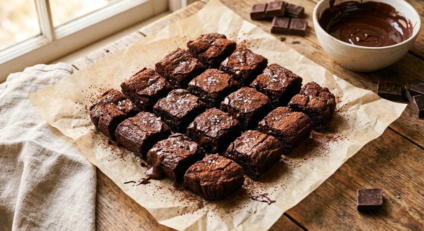 Fudgy brownie bites cut into small squares on parchment paper