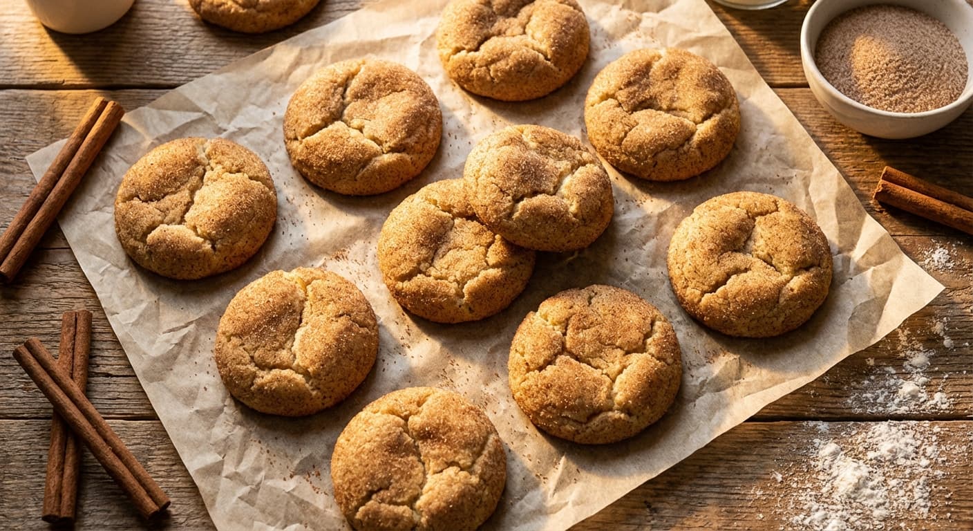 A dozen snickerdoodle cookies with crackled cinnamon-sugar coating
